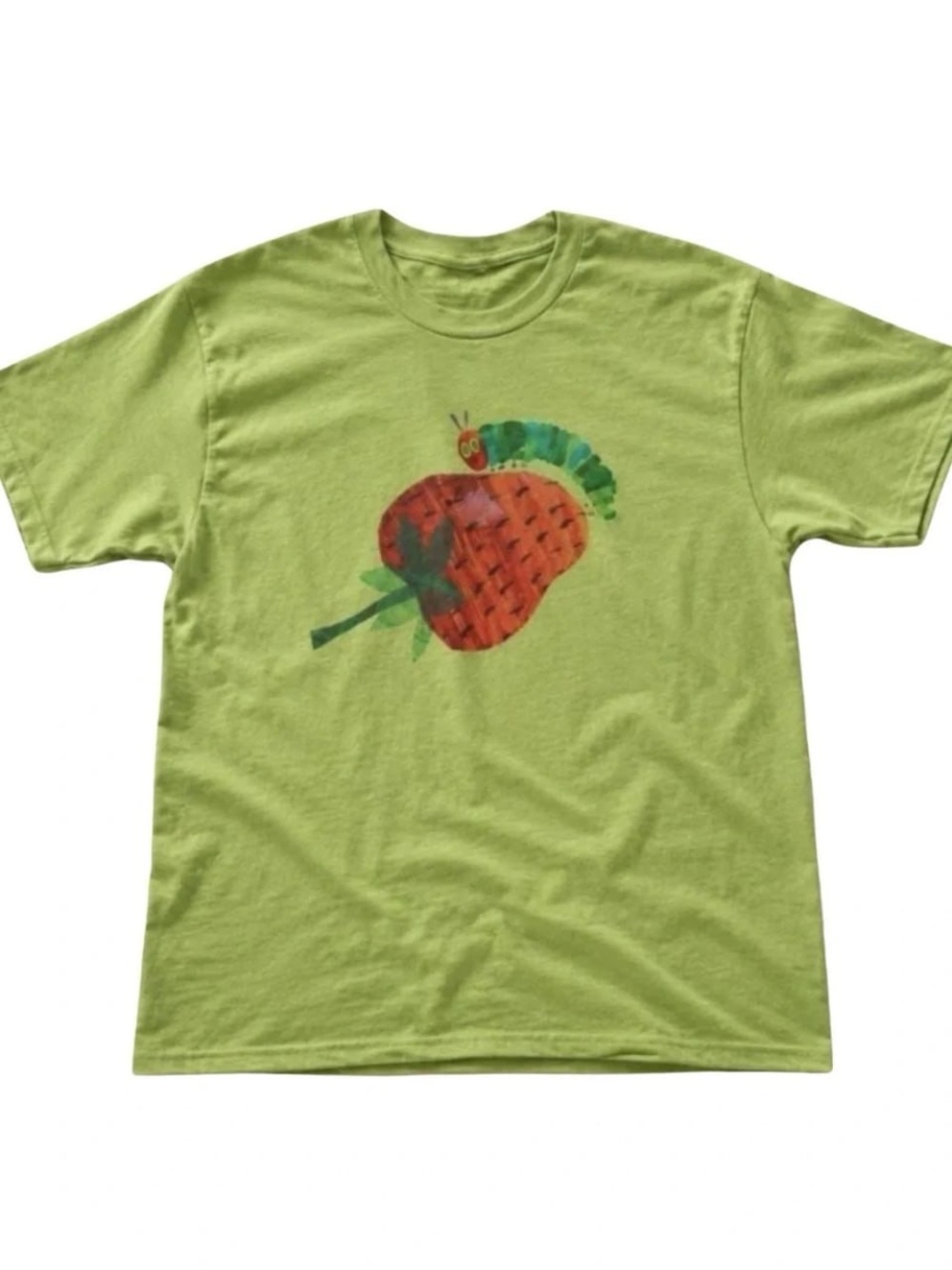 Kiwi Green Tee with Strawberry & Caterpillar Graphic